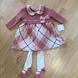 NWT Shabby Chic Pink Plaid Knit-Bodice Baby Dress with Bow and leggings.